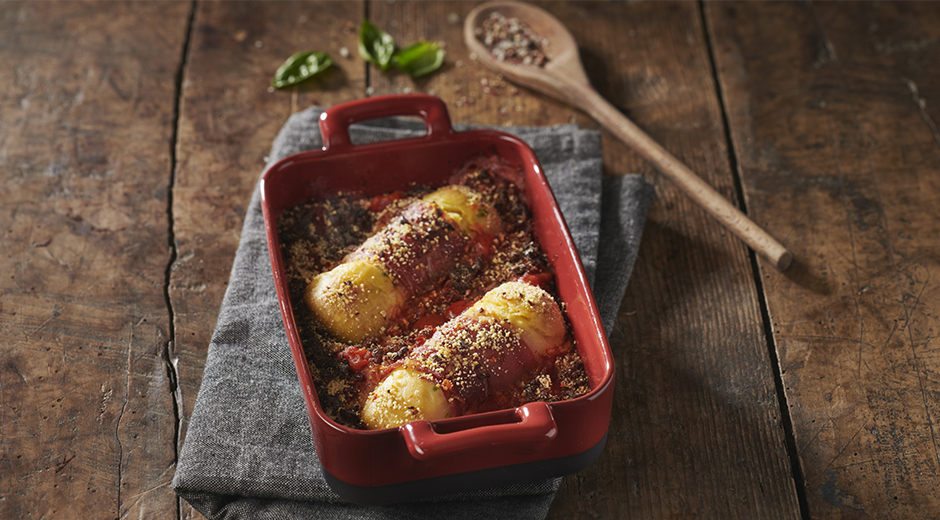 Gratin de Délices Soufflés aux Petits Légumes, jambon cru et tomates séchées