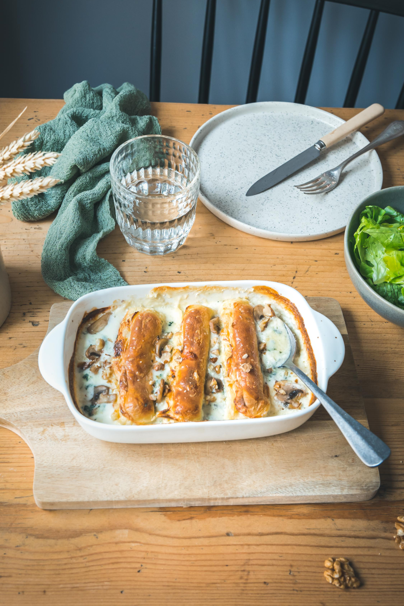 Gratin de quenelles nature au roquefort et champignons