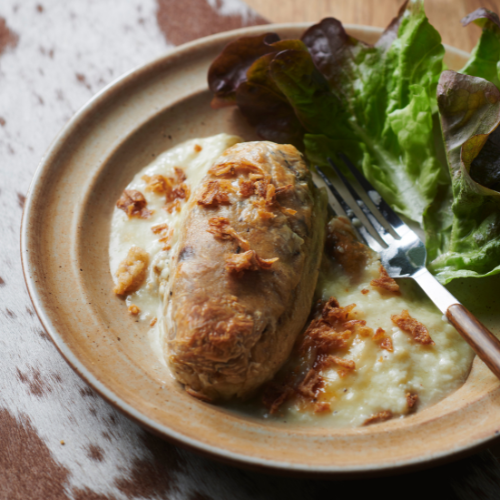 Gratin délices soufflés cèpes et pieds de morilles & béchamel au reblochon AOP