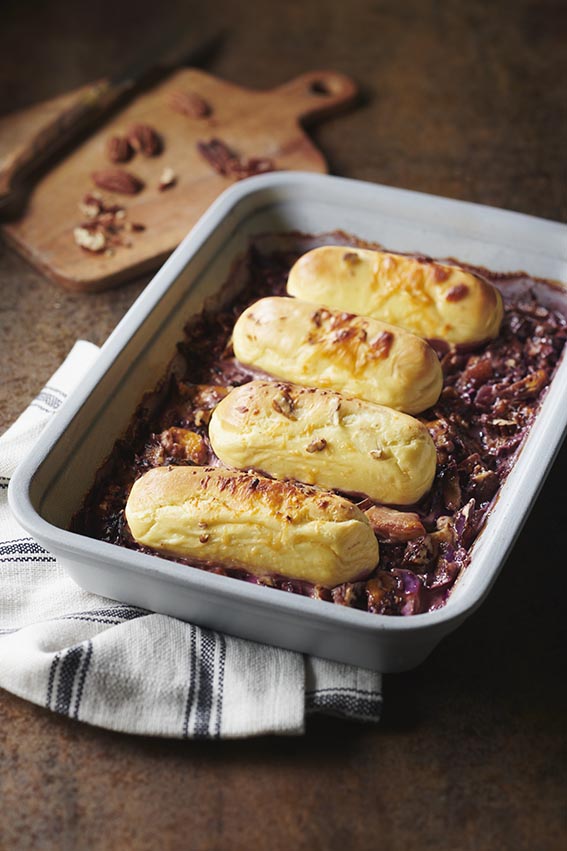 Gratin délices soufflés nature, chou rouge et sauce au cidre
